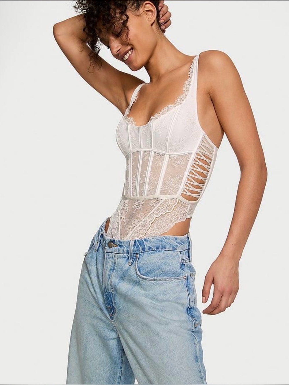 NWT Victoria's Secret White Lace Sheer Bodysuit Size Large Feminie Bridal Honeym